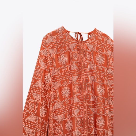 Zara Long Tangerine Orange Embroidered Print Maxi Dress - Picture 5 of 11